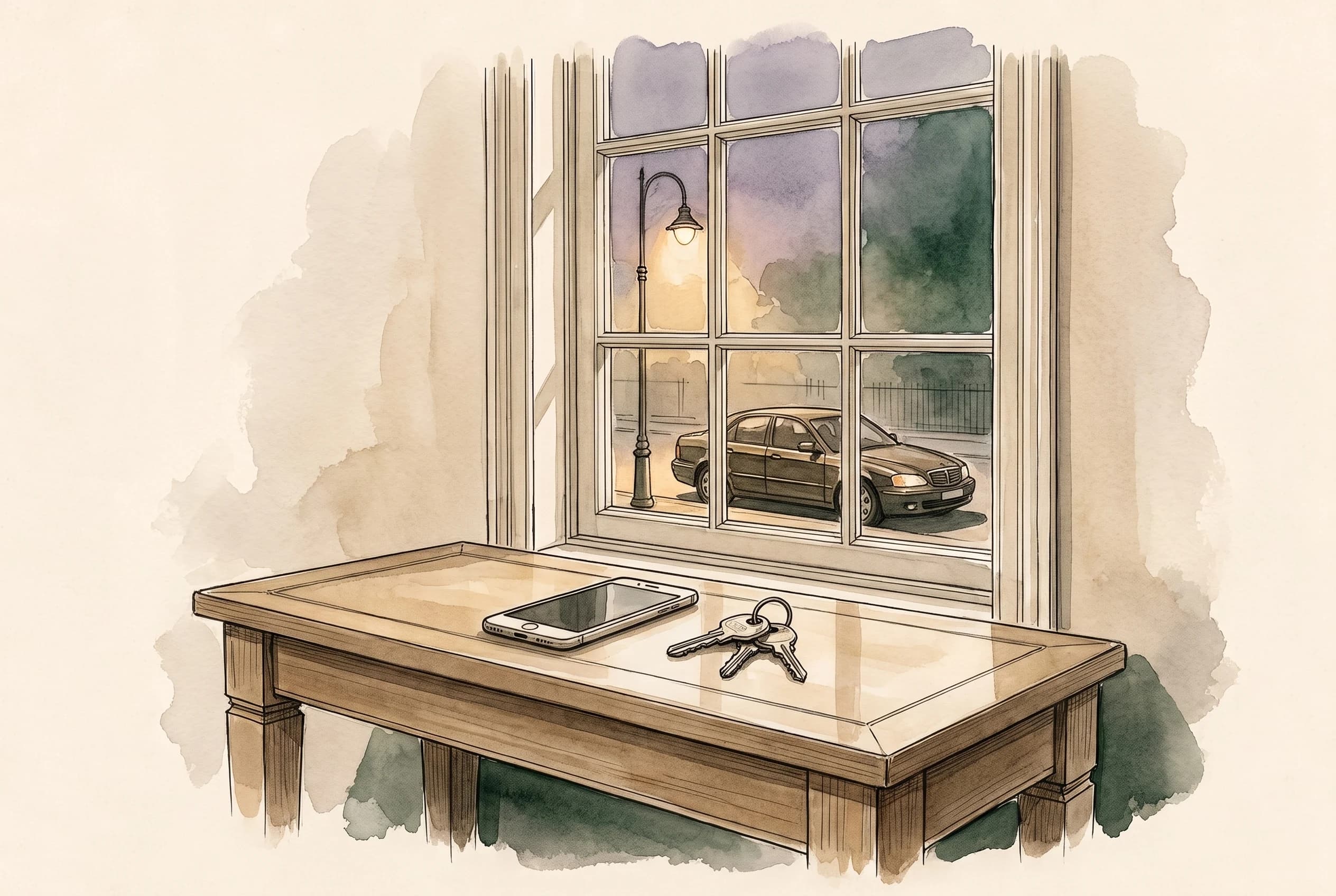 Watercolour sketch of a hallway table at dusk with a phone, keys and a car waiting outside under lamplight.