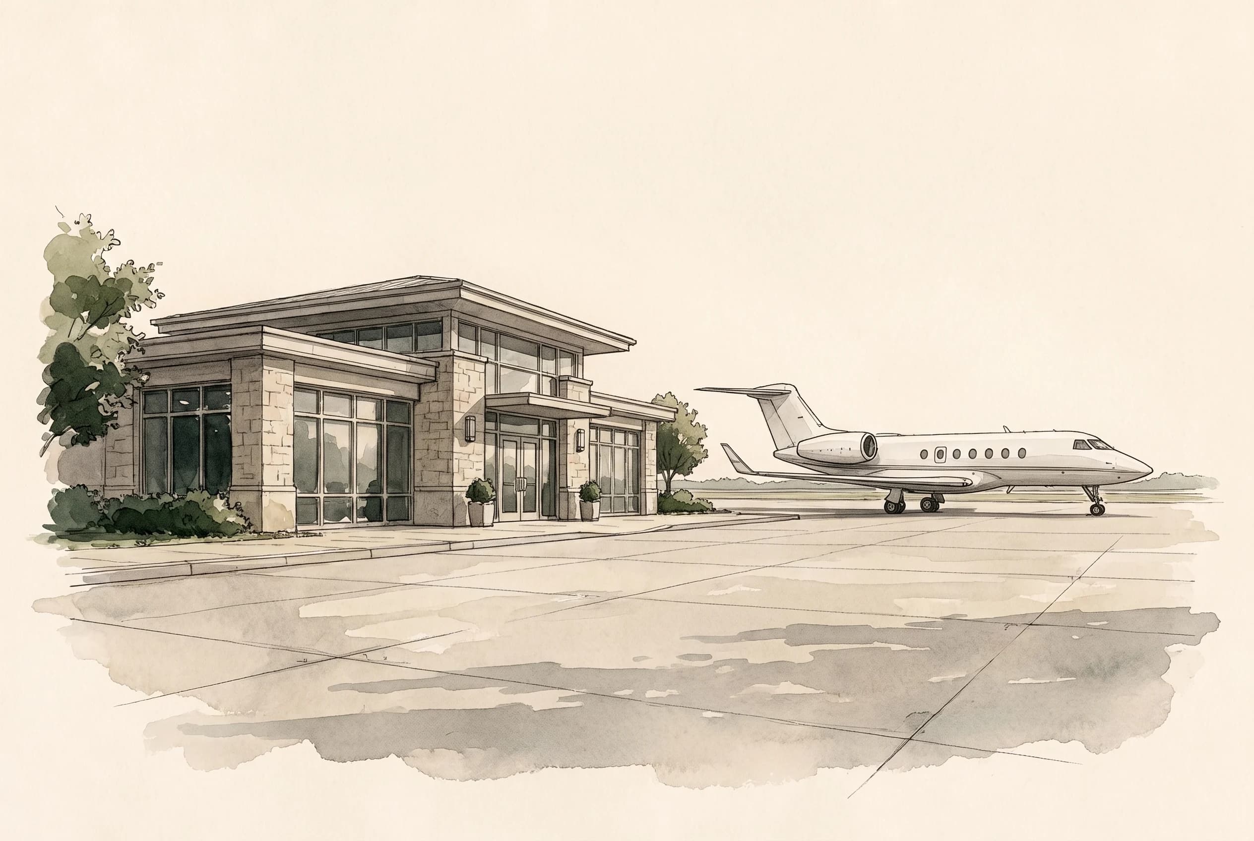 Watercolour sketch of a quiet private aviation terminal with a white unmarked jet on the apron in morning light.