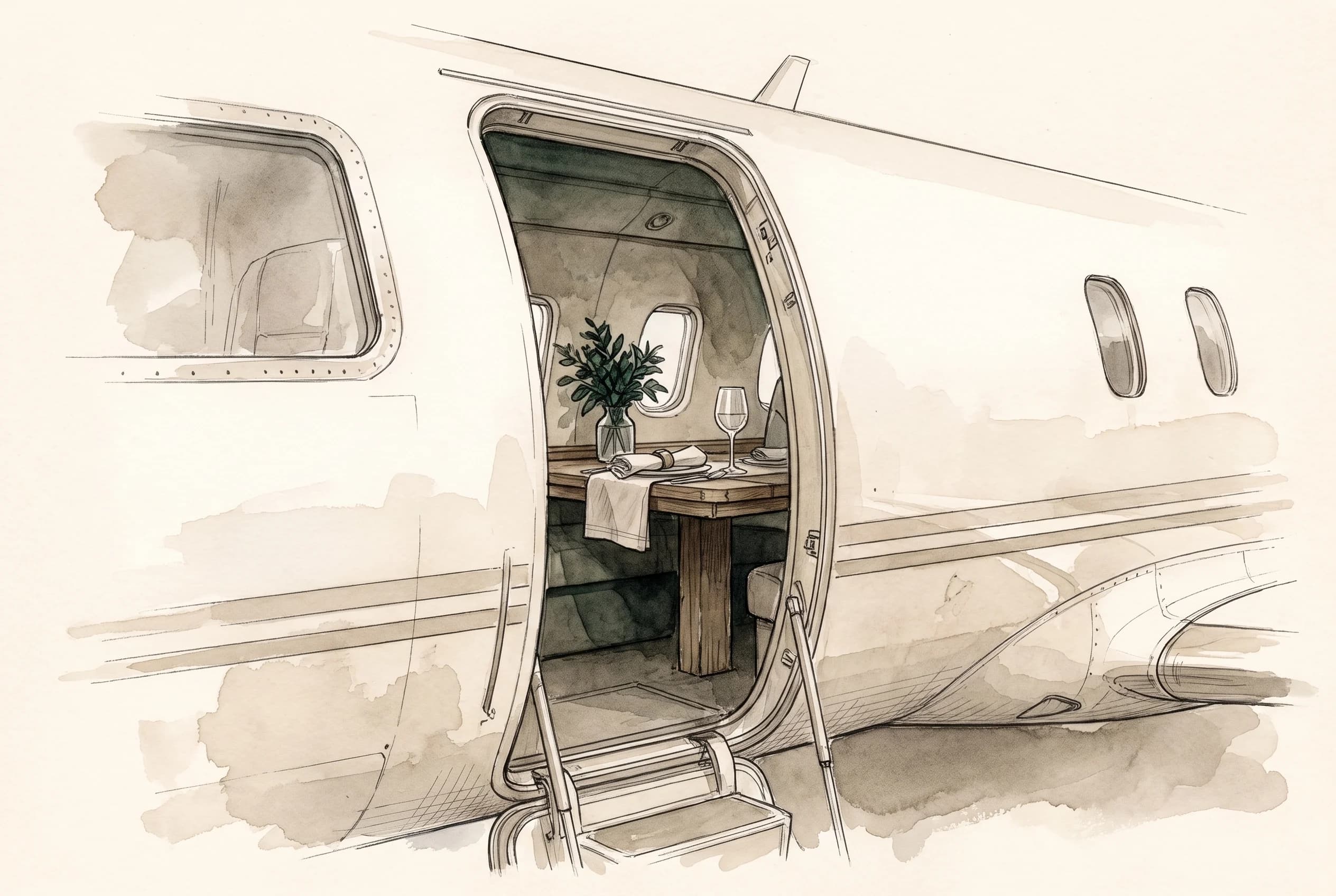 Watercolour sketch of a jet cabin table being set with linen and glassware the evening before departure.