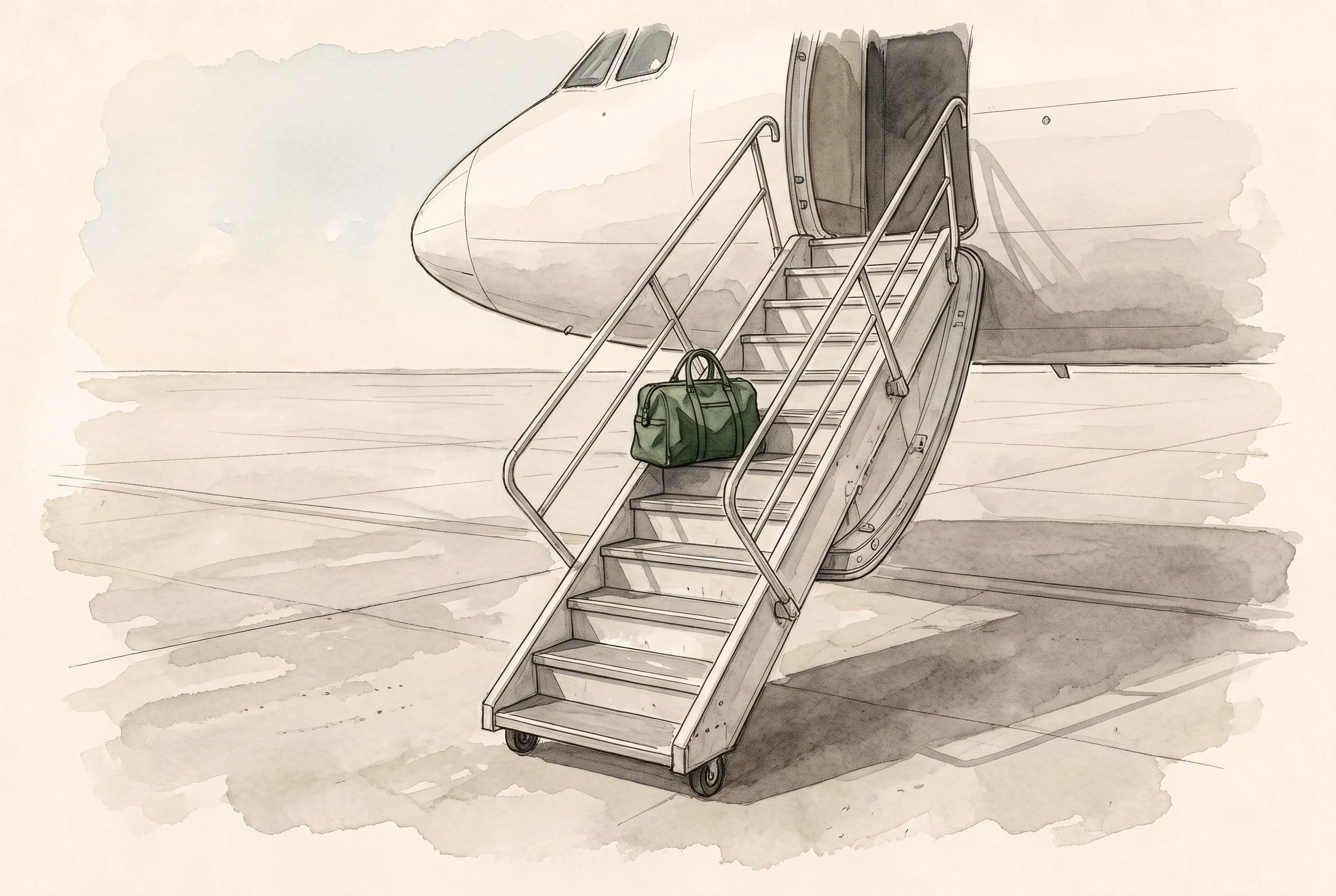 Watercolour sketch of an aircraft staircase on a quiet apron with a single bag at the top, no crowd present.